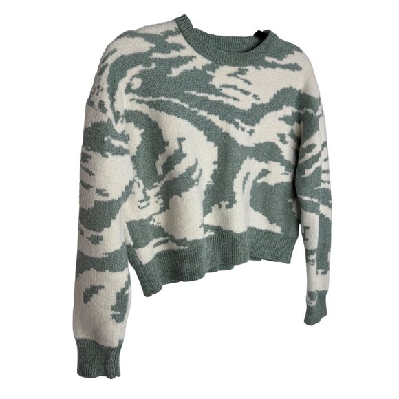 William Rast Abstract Crewneck Chunky Knit Cropped Sweater Green White Womens XS - Picture 5 of 5